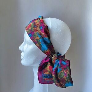 VTG 80s Liz Claiborne Silk Scarf Headscarf Neckerchief Floral Berry/ Turquoise